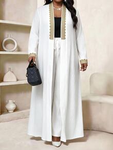 SHEIN Lady 大尺碼女款拼色開襟衫與長褲休閒優雅日常兩件套，秋季正式婚禮賓客派對全白白色 - 白色 - 查看 1