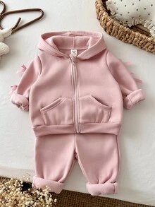 SHEIN 女嬰粉色針織連帽拉鍊運動衫，甜美春秋款寬鬆休閒外套 - 粉色 - 查看 5