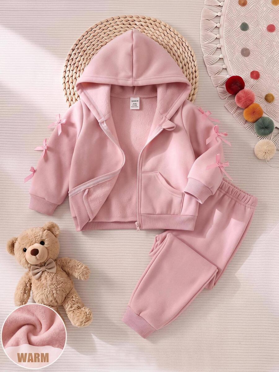 SHEIN Baby Girl Pink Knitted Hooded Zip-Up Sweatshirt, Sweet Spring/Autumn Loose Casual Jacket - Pink - View 1