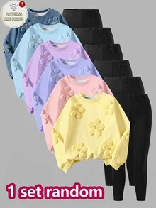 SHEIN Sparklyn 青少年女孩 2件/套休閒舒適、時尚百搭個性化、針織、極簡風、返校季、花卉、秋季穿搭，1組隨機發貨 - 彩色 - 查看 1