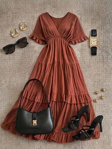 Grovea Plus Size Women's Elegant Casual Corset Bohemian Boho Solid Color Ruffle Loose Long Dress For Spring Summer Beach Date Night Vacation Brown - Redwood - View 2