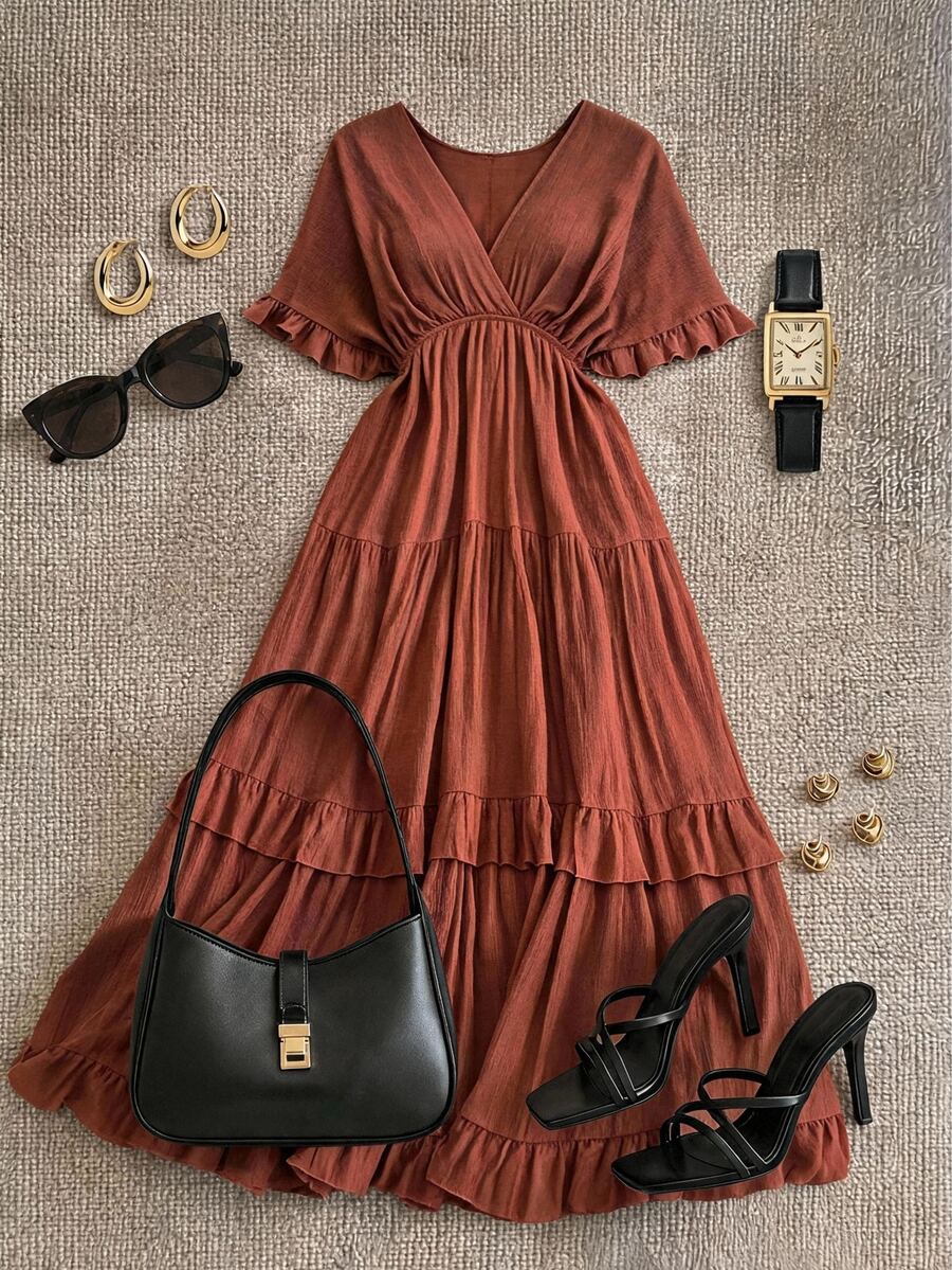Grovea Plus Size Women's Elegant Casual Corset Bohemian Boho Solid Color Ruffle Loose Long Dress For Spring Summer Beach Date Night Vacation Brown