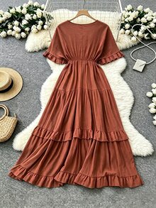 Grovea Plus Size Women's Elegant Casual Corset Bohemian Boho Solid Color Ruffle Loose Long Dress For Spring Summer Beach Date Night Vacation Brown - Redwood - View 3