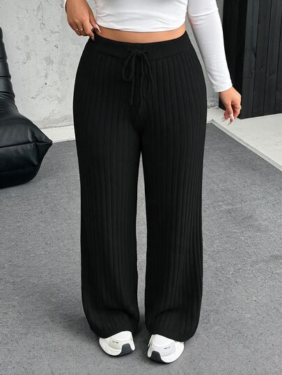 SHEIN LUNE Plus Tie Waist Wide Leg Knit Pants Winter Fall Autumn