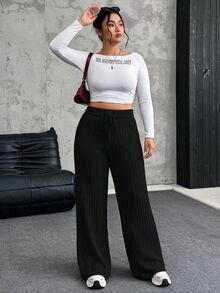 SHEIN LUNE Plus Tie Waist Wide Leg Knit Pants Winter Fall Autumn - Black - View 4