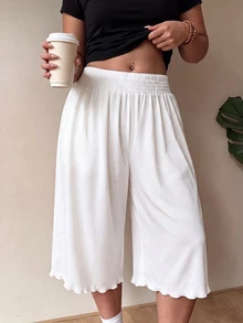SHEIN CURVE+ 大尺碼女款休閒彈性腰針織七分褲 - 白色 - 查看 9