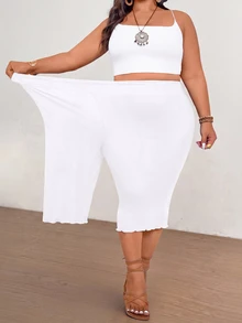 SHEIN CURVE+ 大尺碼女款休閒彈性腰針織七分褲 - 白色 - 查看 6