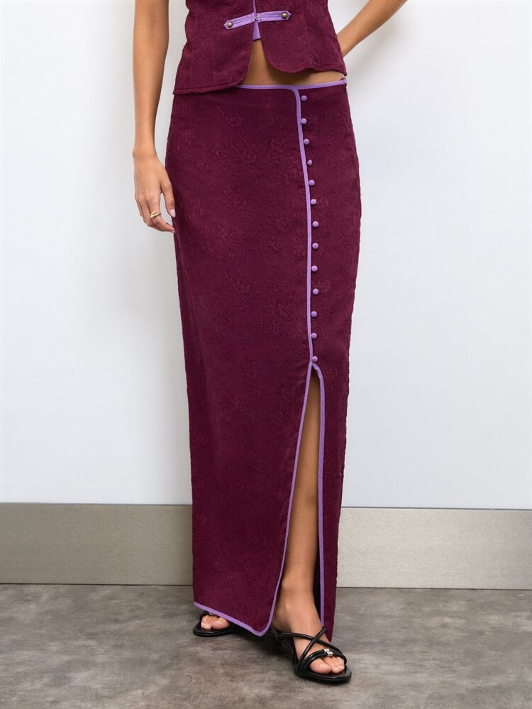 Nöista Chinese-Style Two Pieces Set With Frog Buttons For Fall, Office, Party And Elegant Looks. - Red Violet - View 5