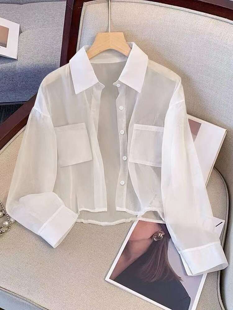 GlowEve Women's Chiffon Pocket Button Down Short Sleeve Shirt Fall Cloth For Women - White - View 1