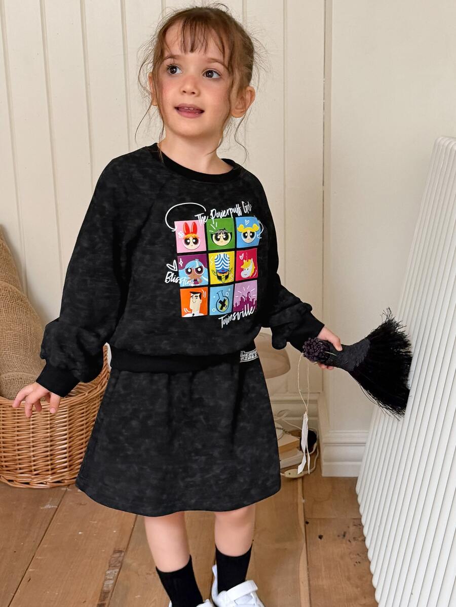 THE POWERPUFF GIRLS X DAZY Young Girl Cartoon Pattern Long Sleeve Sweatshirt And Mini Skirt Set Fall - Dark Grey - View 1