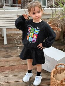 THE POWERPUFF GIRLS X DAZY Young Girl Cartoon Pattern Long Sleeve Sweatshirt And Mini Skirt Set Fall - Dark Grey - View 3