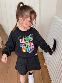 THE POWERPUFF GIRLS X DAZY Young Girl Cartoon Pattern Long Sleeve Sweatshirt And Mini Skirt Set Fall - Dark Grey - View 1