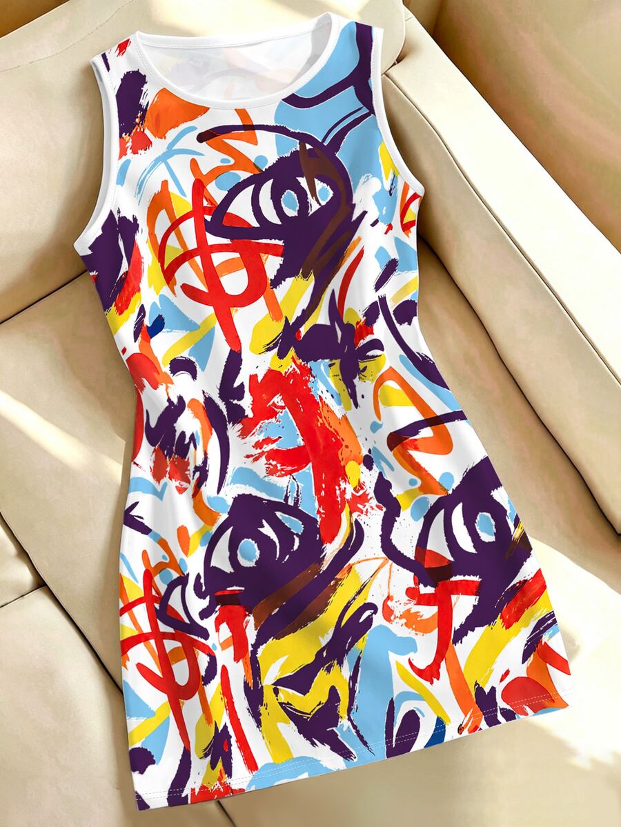 Resyla Summer Outing Dress, Plus Size Women's, Casual Streetwear Anti Social Vacation Painted Graffiti Print Pattern Going Out White And Yellow - Multicolor - View 1