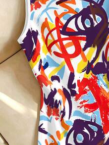 Resyla Summer Outing Dress, Plus Size Women's, Casual Streetwear Anti Social Vacation Painted Graffiti Print Pattern Going Out White And Yellow - Multicolor - View 4