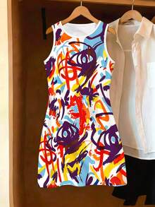 Resyla Summer Outing Dress, Plus Size Women's, Casual Streetwear Anti Social Vacation Painted Graffiti Print Pattern Going Out White And Yellow - Multicolor - View 5