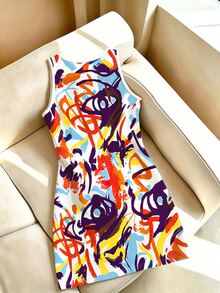 Resyla Summer Outing Dress, Plus Size Women's, Casual Streetwear Anti Social Vacation Painted Graffiti Print Pattern Going Out White And Yellow - Multicolor - View 2