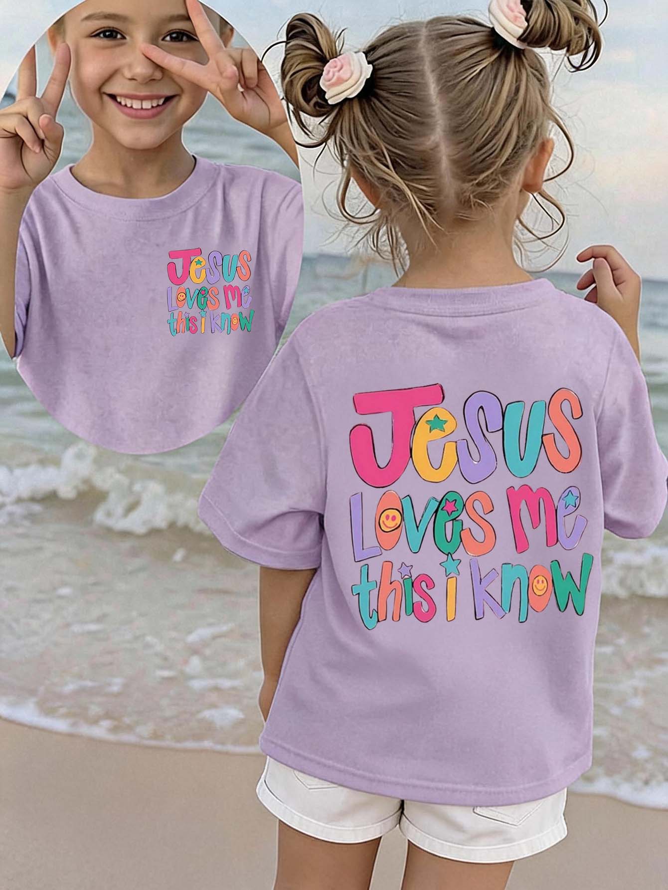 SHEIN Young Girl Basic Short Sleeve T-Shirt With Slogan Print, Summer - Mauve Purple - View 1