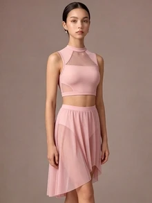 SHEIN 青少年女孩黑色兩件式背心與裙子套裝，全身高彈性，返校穿搭 - 粉色 - 查看 6