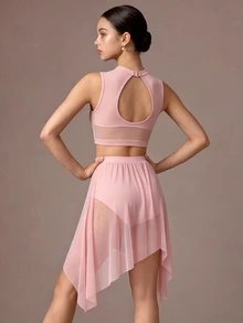 SHEIN 青少年女孩黑色兩件式背心與裙子套裝，全身高彈性，返校穿搭 - 粉色 - 查看 3