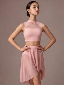 SHEIN 青少年女孩黑色兩件式背心與裙子套裝，全身高彈性，返校穿搭 - 粉色 - 查看 7