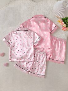 Floral Heart Pattern Baby Girl Pastel Color Button-Up Lapel Loungewear Pajama 4-Piece Set - Pink - View 2