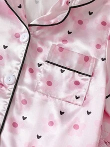 Floral Heart Pattern Baby Girl Pastel Color Button-Up Lapel Loungewear Pajama 4-Piece Set - Pink - View 4