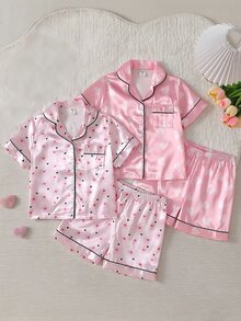 Floral Heart Pattern Baby Girl Pastel Color Button-Up Lapel Loungewear Pajama 4-Piece Set - Pink - View 1