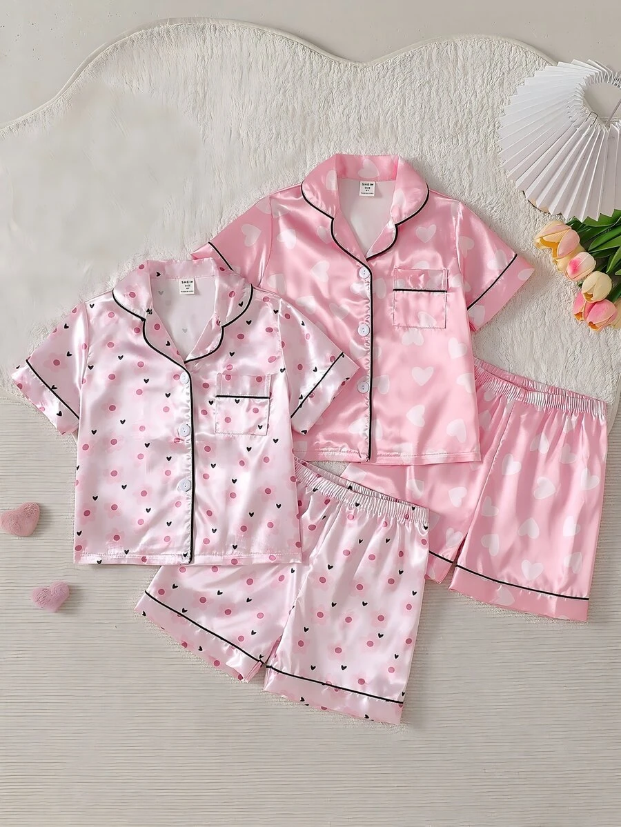 Floral Heart Pattern Baby Girl Pastel Color Button-Up Lapel Loungewear Pajama 4-Piece Set - Pink - View 1