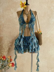 Soleia Spring/Summer New Back To School Casual Vacation Western Beach Wedding Guest Outfit Graduation Brunch Women's Wear St. Patrick's Day Spring Break Easter Music Festival Elegant Bohemian Tropical Exaggerated Ruffle Metallic Decor Party Outfit Women's 2-Piece Set - Multicolor - View 1