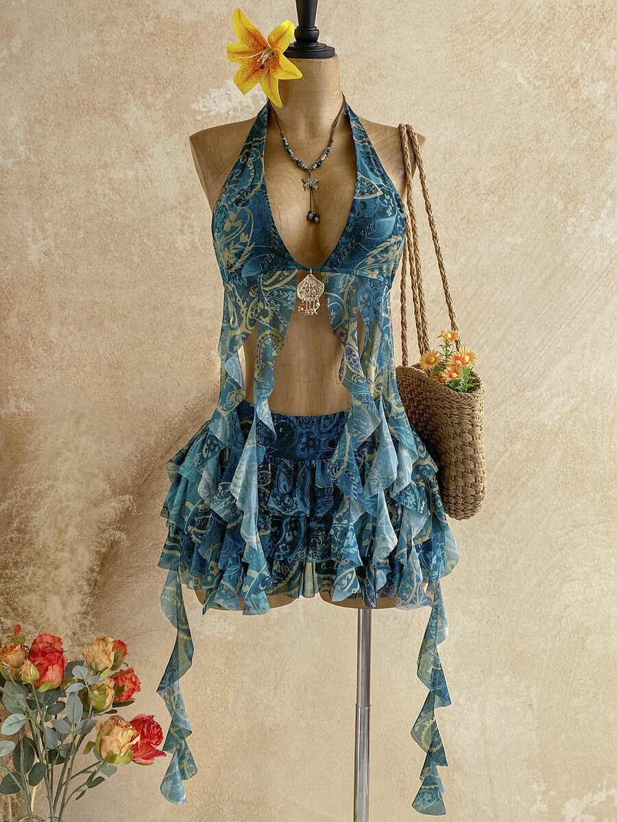 Soleia Spring/Summer New Back To School Casual Vacation Western Beach Wedding Guest Outfit Graduation Brunch Women's Wear St. Patrick's Day Spring Break Easter Music Festival Elegant Bohemian Tropical Exaggerated Ruffle Metallic Decor Party Outfit Women's 2-Piece Set - Multicolor - View 1
