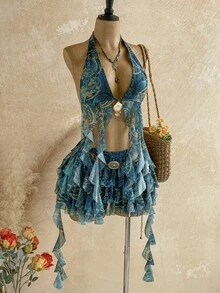 Soleia Spring/Summer New Back To School Casual Vacation Western Beach Wedding Guest Outfit Graduation Brunch Women's Wear St. Patrick's Day Spring Break Easter Music Festival Elegant Bohemian Tropical Exaggerated Ruffle Metallic Decor Party Outfit Women's 2-Piece Set - Multicolor - View 6