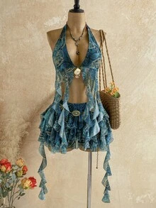 Soleia Spring/Summer New Back To School Casual Vacation Western Beach Wedding Guest Outfit Graduation Brunch Women's Wear St. Patrick's Day Spring Break Easter Music Festival Elegant Bohemian Tropical Exaggerated Ruffle Metallic Decor Party Outfit Women's 2-Piece Set - Multicolor - View 3