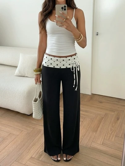 Aloruh Women's Autumn New Black And White Polka Dot Elegant 70s Sexy Casual Daily Vacation Commute Date Beach Dinner Minimalist Fashionable Modern Long Pants