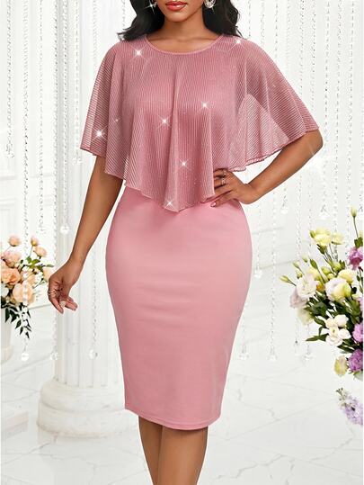 SHEIN Lady Women's Pink Round Neck Mesh Cape Bodycon Knee Length Midi Dress Elegant Wedding Guest Formal Party Going Out Birthday Ceremony Church Beaded Summer