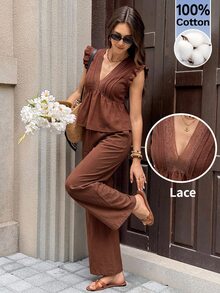 Serisse Women's Solid Color V-Neck Pleated Top And Pants Casual Daily 2-Piece Set - Brown - View 1