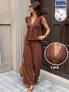 Serisse Women's Solid Color V-Neck Pleated Top And Pants Casual Daily 2-Piece Set - Brown - View 6