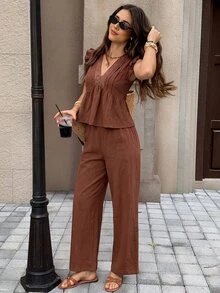 Serisse Women's Solid Color V-Neck Pleated Top And Pants Casual Daily 2-Piece Set - Brown - View 5