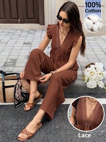 Serisse Women's Solid Color V-Neck Pleated Top And Pants Casual Daily 2-Piece Set - Brown - View 4