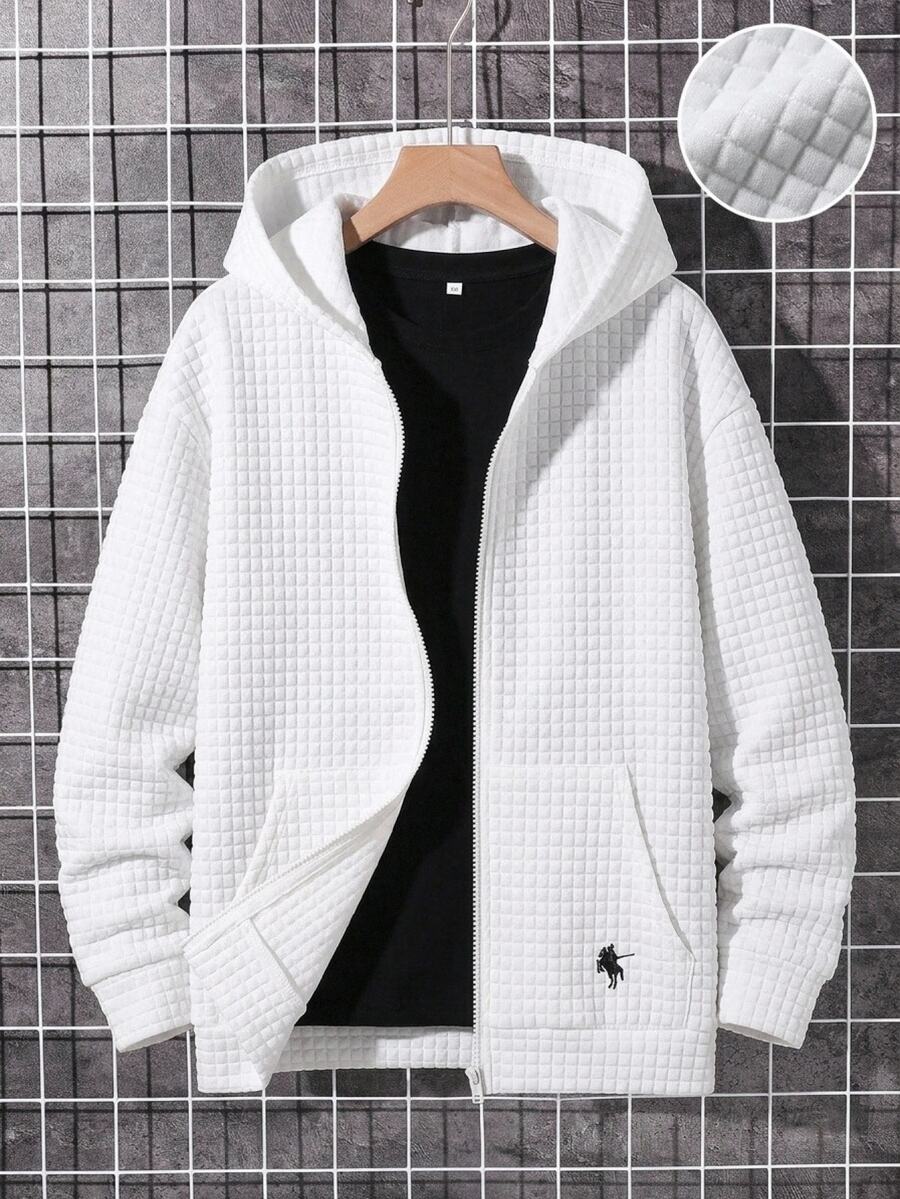 SHEIN Teen Boys Casual Loose Comfortable Versatile All-Match Textured Fabric Textured Feel Patchwork Pony Logo Hooded Sweatshirt Suitable For Outings, College, Casual Sports, Streetwear, Suitable For Spring, Summer, Autumn, Winter - White - View 1