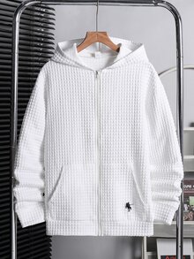 SHEIN 青少年男孩休閒寬鬆舒適百搭拼接紋理面料小馬標誌連帽衛衣，適合外出、大學、休閒運動、街頭穿搭，四季皆宜 - 白色 - 查看 4