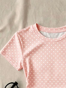 SHEIN 青少年女孩休閒修身圓領抓皺短袖T恤，適合夏季 - 彩色 - 查看 3