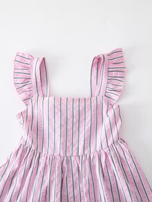 SHEIN 少女夏季海滩度假撞色条纹印花层叠荷叶边露背系带连衣裙，女童连衣裙，后背蝴蝶结连衣裙，少女连衣裙，夏季女童连衣裙，儿童连衣裙，儿童粉白条纹短裙，休闲女童套装，蝴蝶结设计 - 粉色 - 查看 6