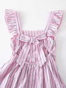 SHEIN 少女夏季海滩度假撞色条纹印花层叠荷叶边露背系带连衣裙，女童连衣裙，后背蝴蝶结连衣裙，少女连衣裙，夏季女童连衣裙，儿童连衣裙，儿童粉白条纹短裙，休闲女童套装，蝴蝶结设计 - 粉色 - 查看 5
