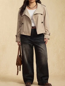 GalTyme Plus Size Solid Color Double-Breasted Cropped Trench Coat Jacket Autumn Formal Evening Grey Elegant Business Casual - Khaki - View 2