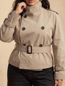 GalTyme Plus Size Solid Color Double-Breasted Cropped Trench Coat Jacket Autumn Formal Evening Grey Elegant Business Casual - Khaki - View 7