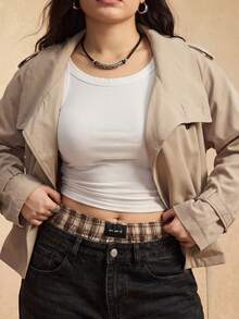 GalTyme Plus Size Solid Color Double-Breasted Cropped Trench Coat Jacket Autumn Formal Evening Grey Elegant Business Casual - Khaki - View 5