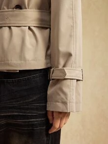 GalTyme Plus Size Solid Color Double-Breasted Cropped Trench Coat Jacket Autumn Formal Evening Grey Elegant Business Casual - Khaki - View 9