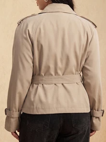 GalTyme Plus Size Solid Color Double-Breasted Cropped Trench Coat Jacket Autumn Formal Evening Grey Elegant Business Casual - Khaki - View 3
