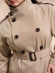 GalTyme Plus Size Solid Color Double-Breasted Cropped Trench Coat Jacket Autumn Formal Evening Grey Elegant Business Casual - Khaki - View 8