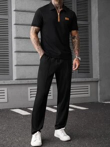 Manfinity CasualCool Men's Letter Print Denim Short Sleeve Polo Shirt And Drawstring Waist Pants Casual Set - Black - View 3
